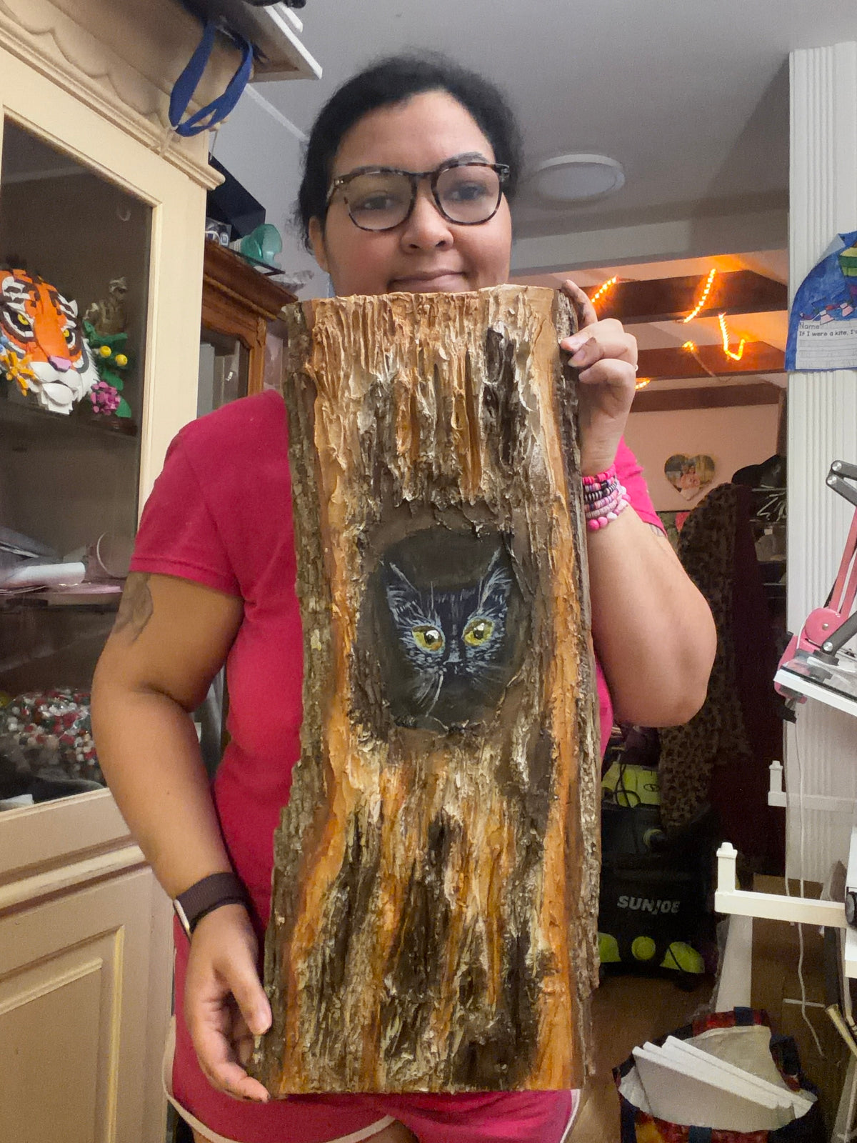 Textured Black Cat in a Tree | Tree Bark Slice | Original Acrylic Painting