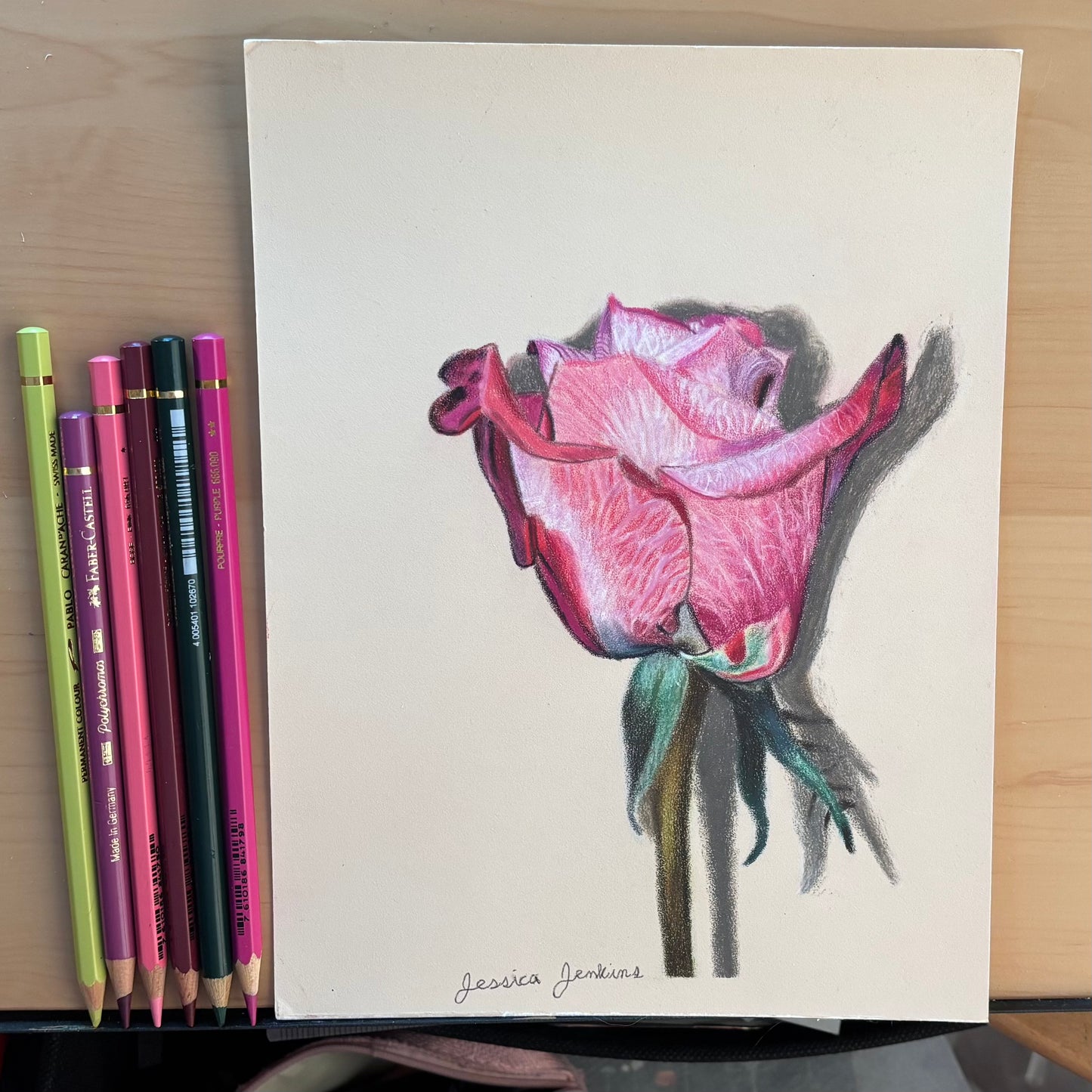 Pink Rose | Original Colored Pencil Drawing