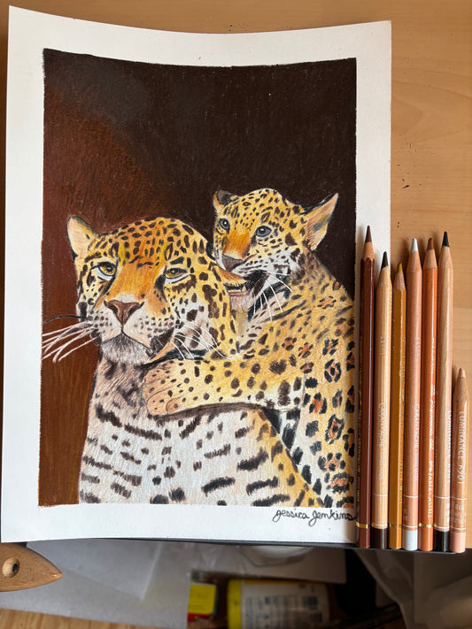 Jaguar Mom & Cub | Original Colored Pencil Drawing