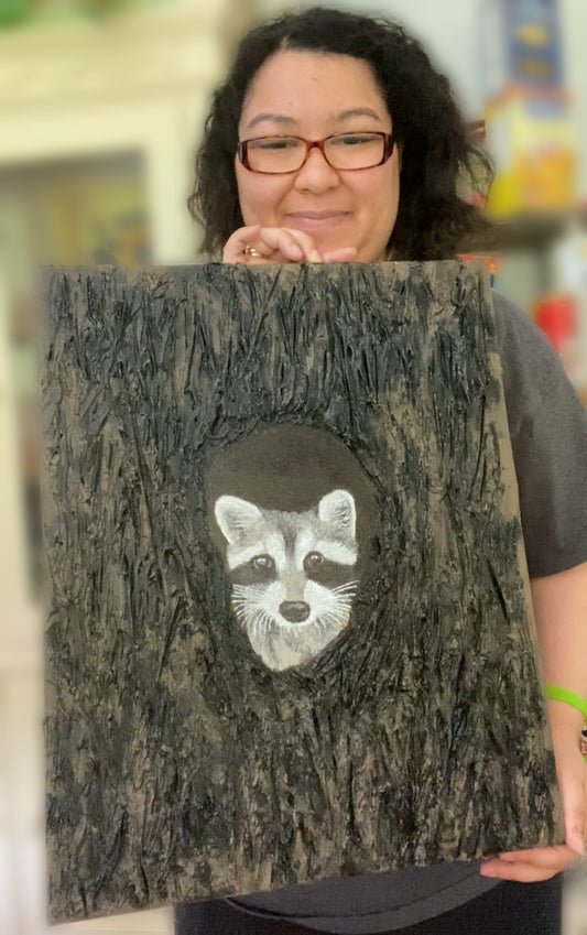 Raccoon Inside Tree - Original Acrylic Textured Painting